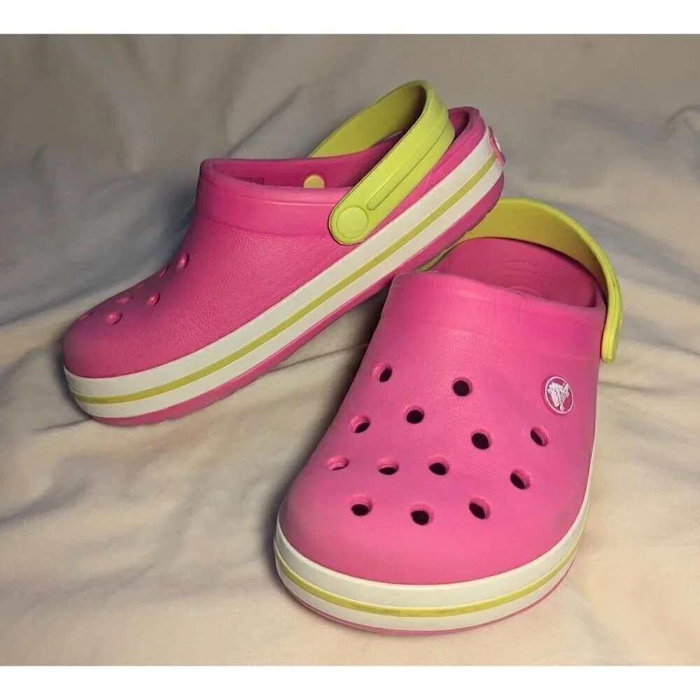 Crocs Classic Clog Kids Slip-On Sandals Pink & Lime Green Girls Size 3